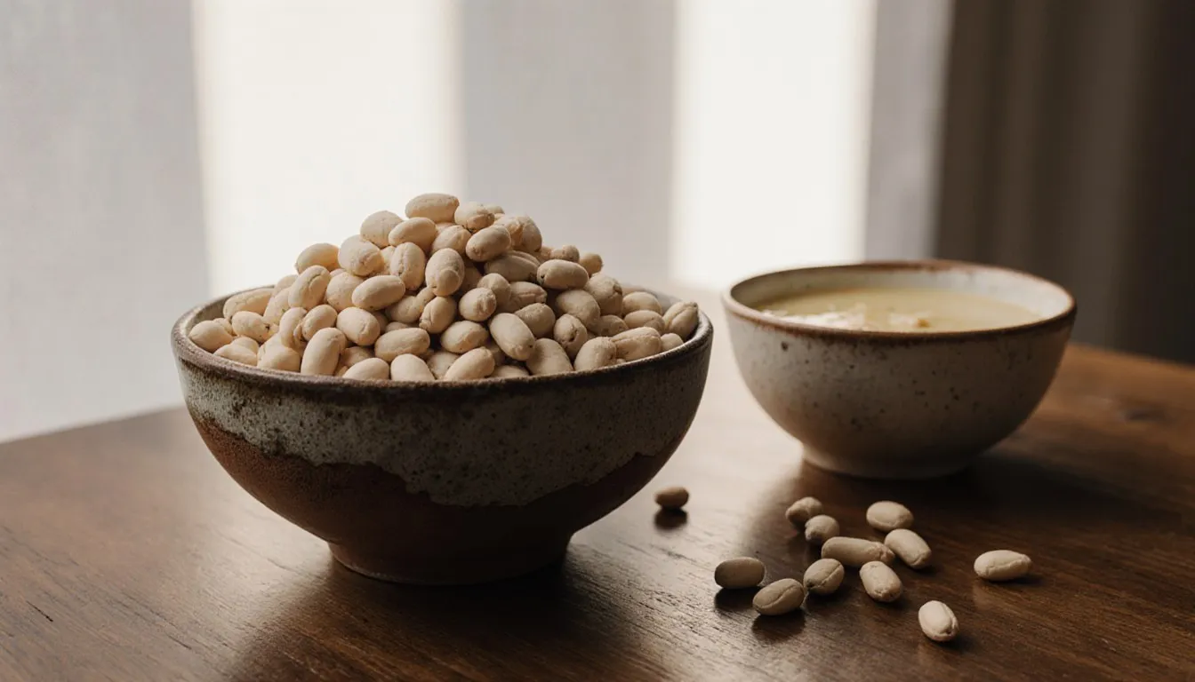 Dried white haricot beans in a bowl beside a bowl of bean soup on a wooden table