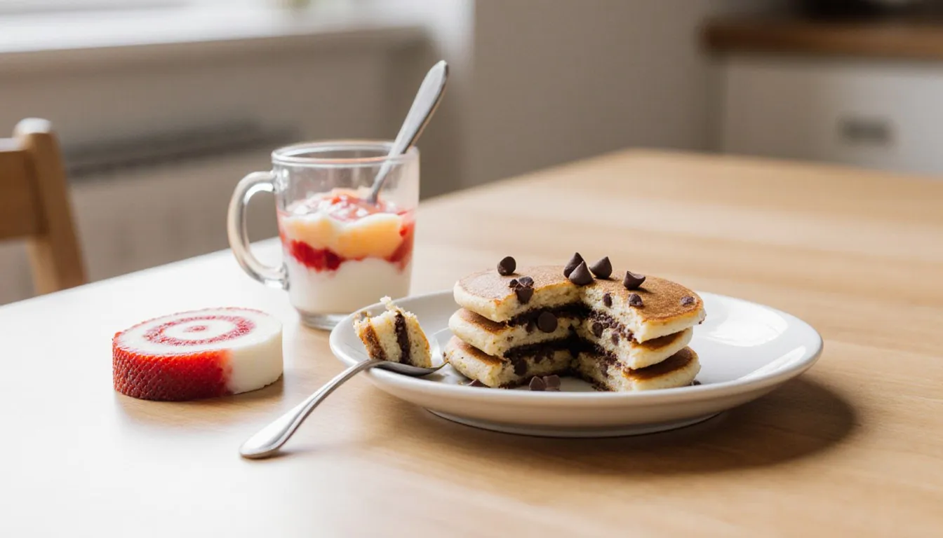 Mini chocolate-chip pancakes, a layered rainbow yogurt cup, and a strawberry pinwheel on a toddler's breakfast table