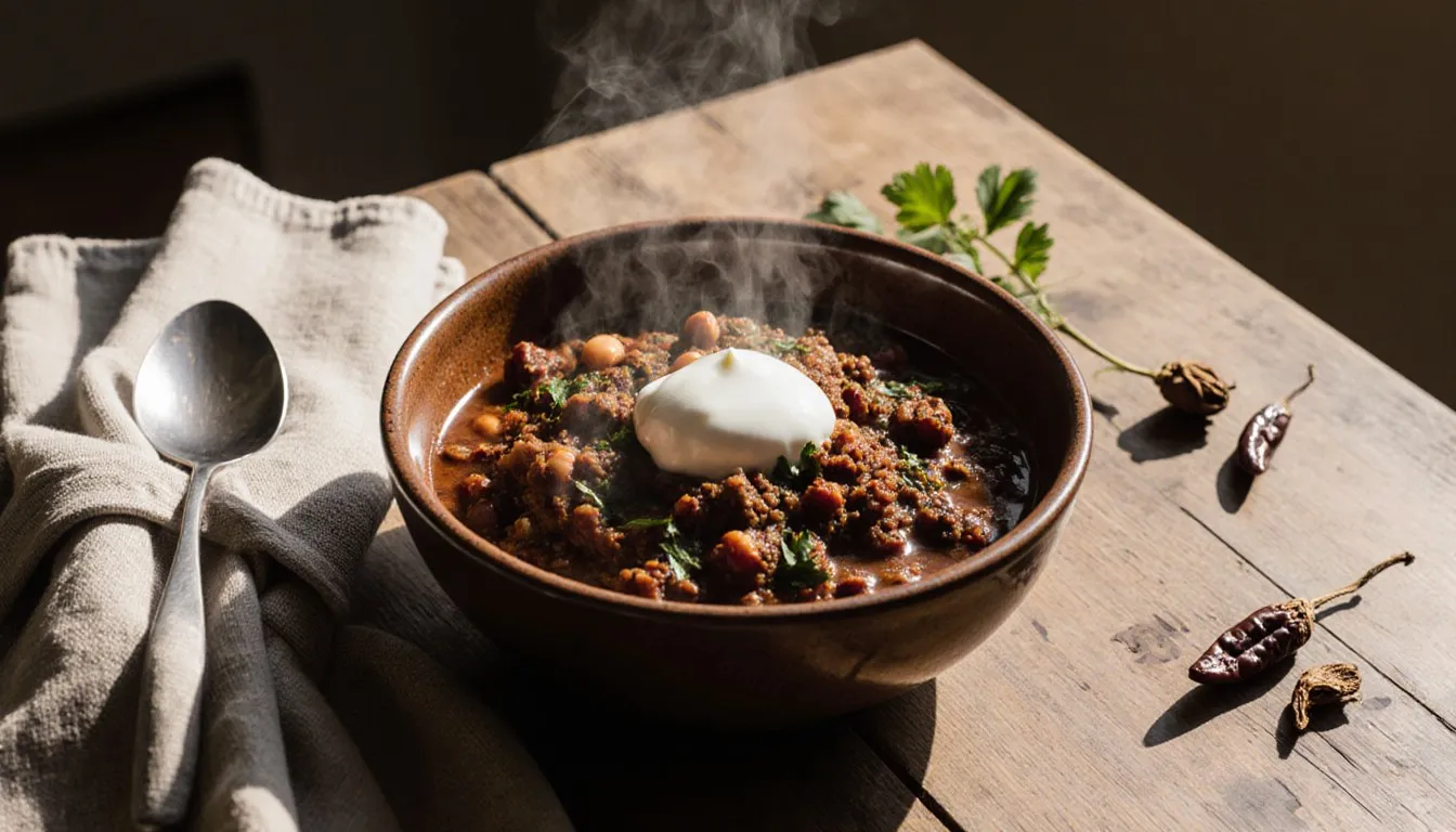A steaming bowl of ground venison chili topped with sour cream and herbs on a rustic wooden table