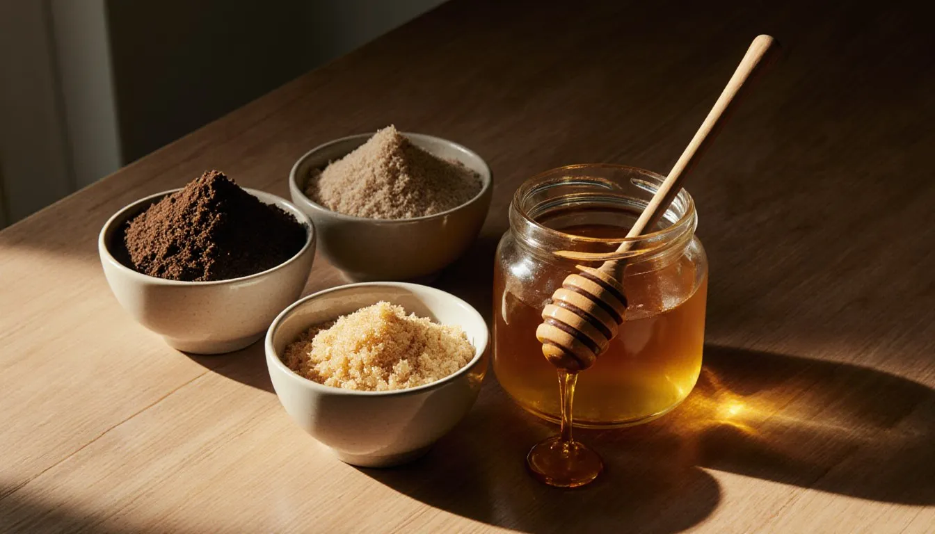 Bowls of muscovado, coconut, and raw sugar beside a jar of honey, healthy substitutes for brown sugar