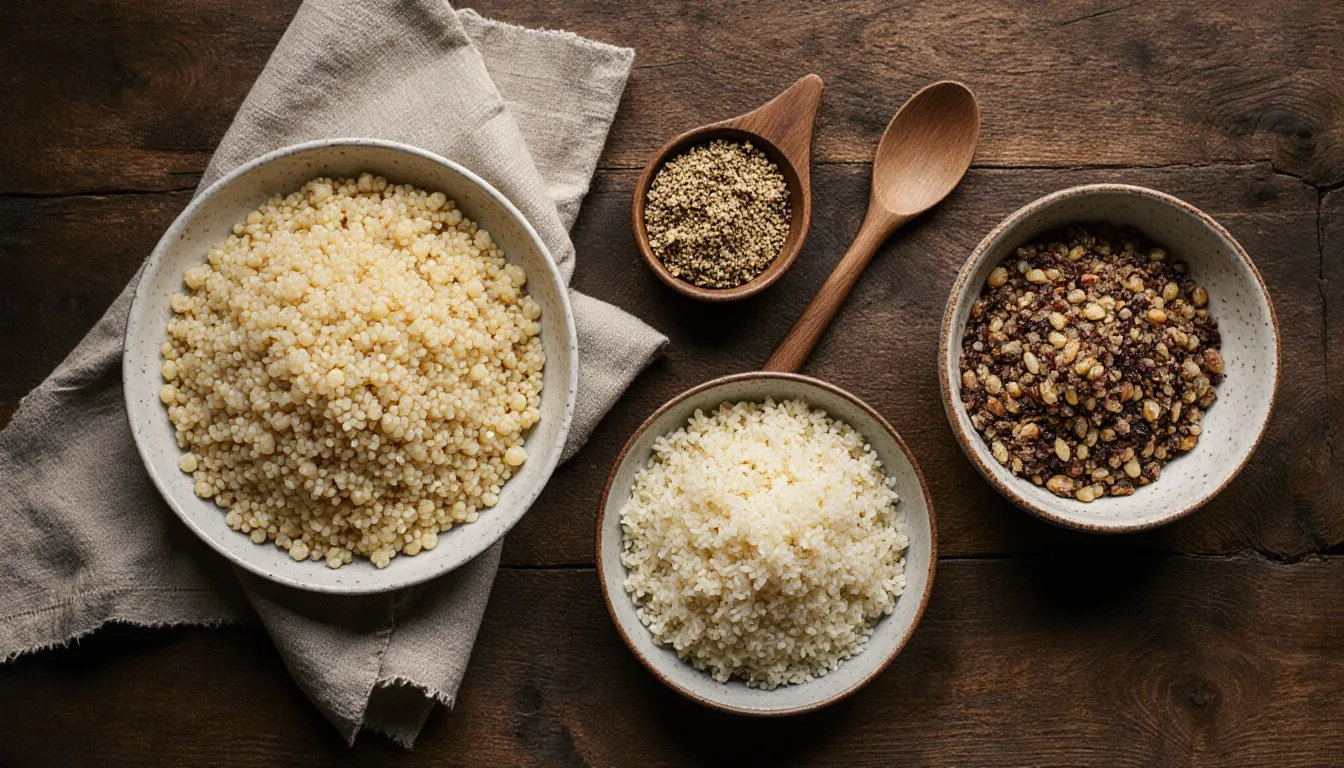 Bowls of brown rice, quinoa, cauliflower rice, and couscous arranged together as healthy rice substitutes