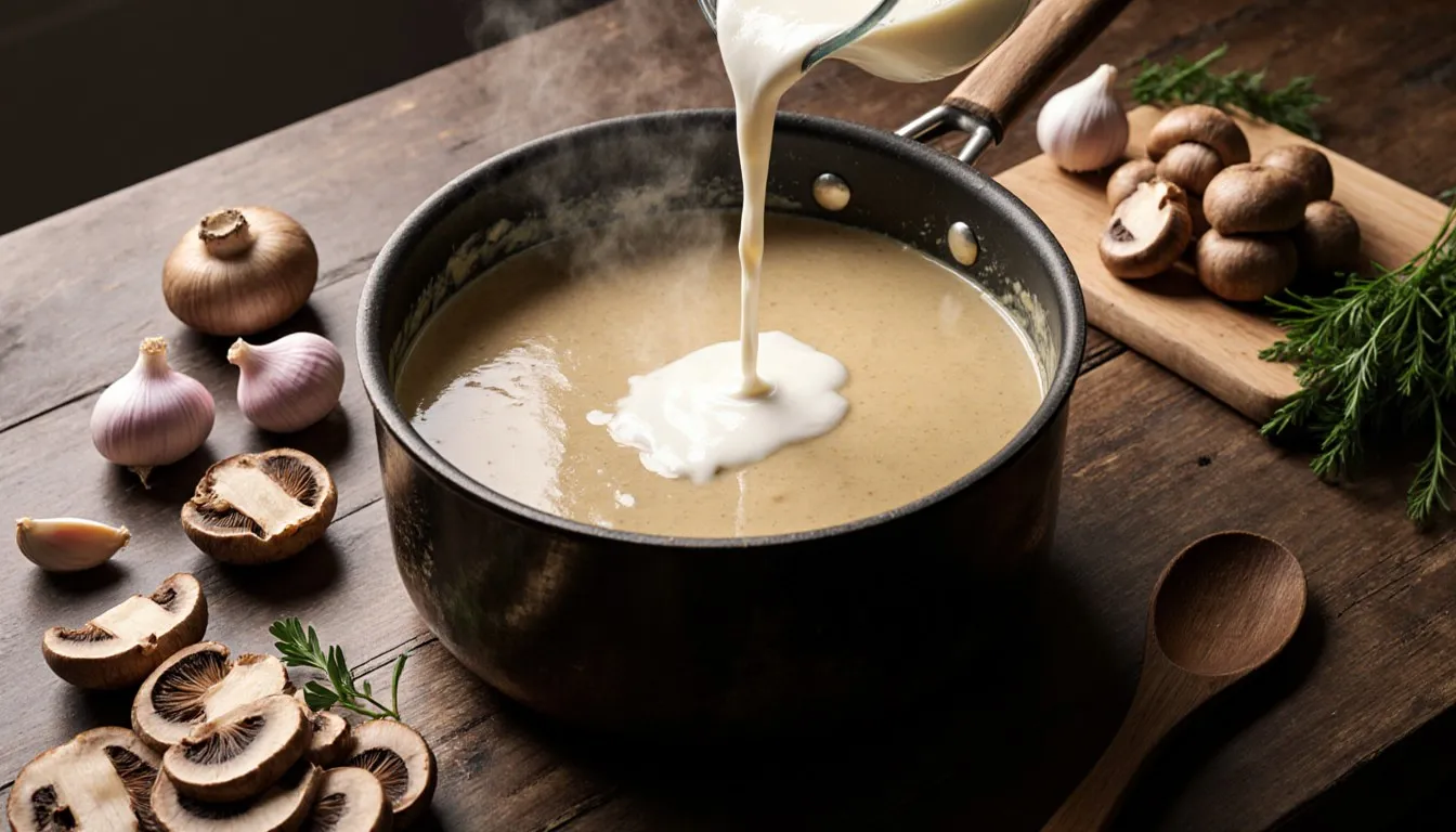 A pot of creamy homemade mushroom soup with fresh mushrooms, shallots, and parsley arranged around it