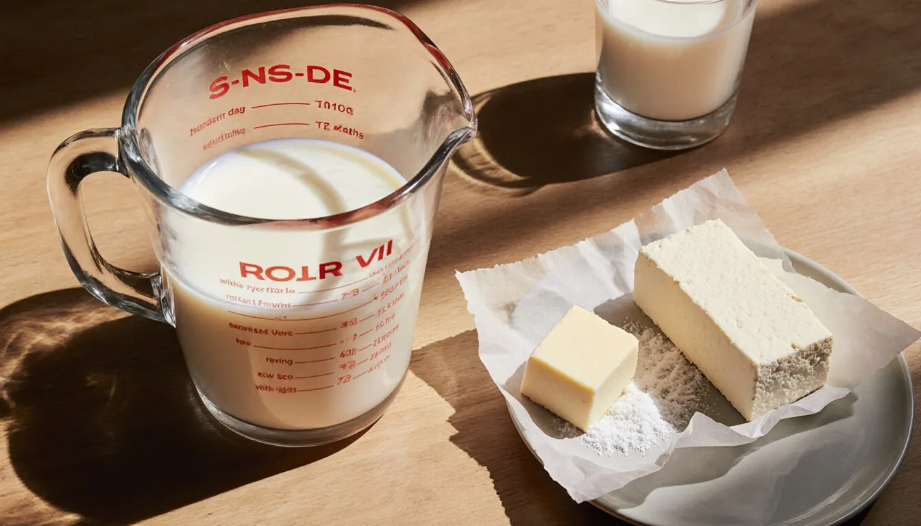 Milk, butter, and tofu arranged on a kitchen counter as heavy cream substitute ingredients