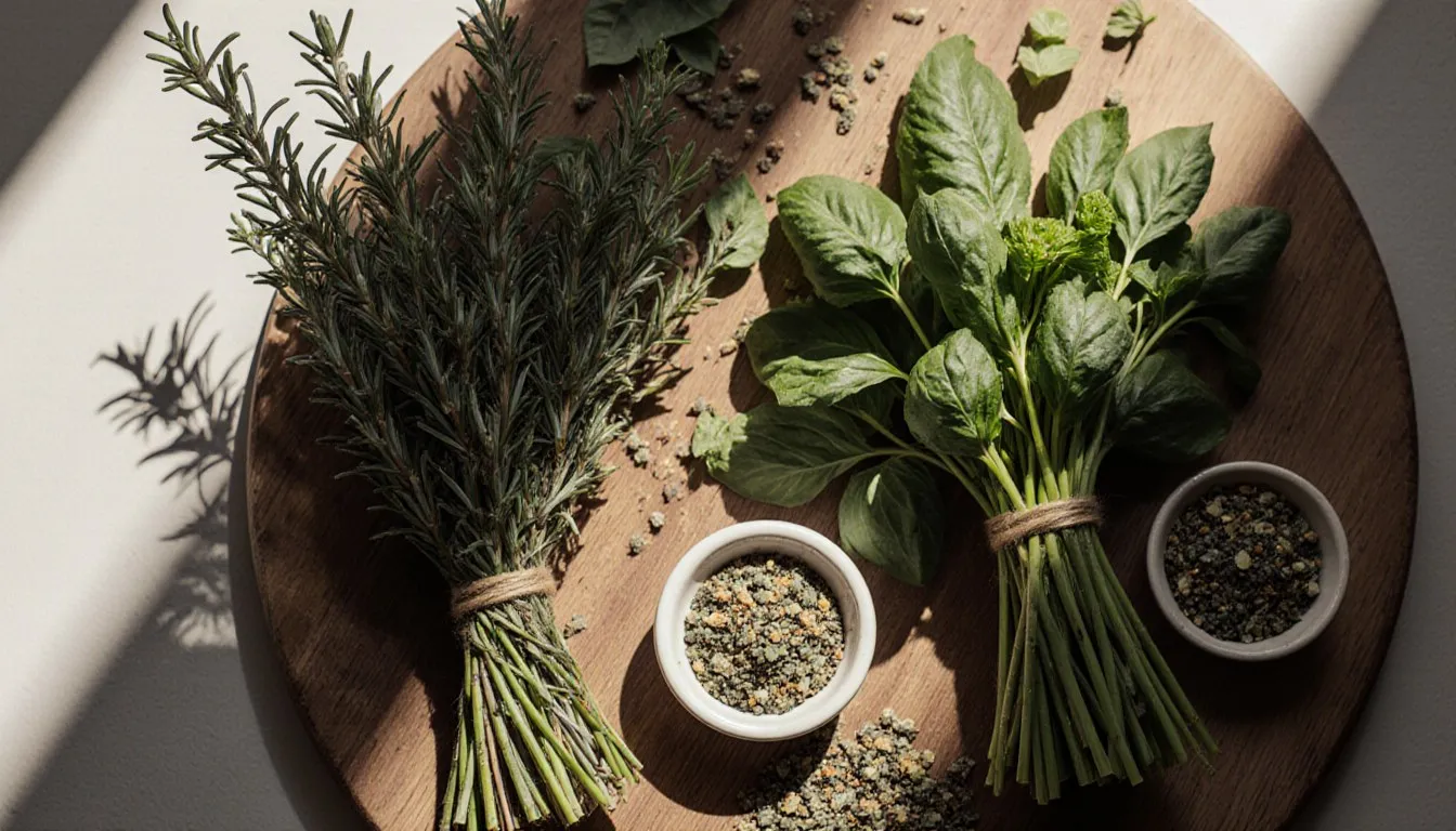 Fresh woody and soft herbs beside dishes of dried herbs and a mixed herb blend on a wooden board