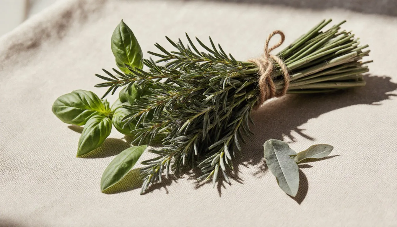 Fresh basil, rosemary, thyme and sage bundles tied with twine on pale linen