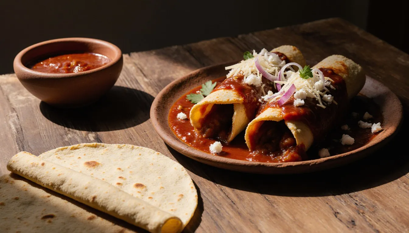 Rolled corn tortilla enchiladas covered in red chili sauce beside a bowl of sauce and a dipped tortilla