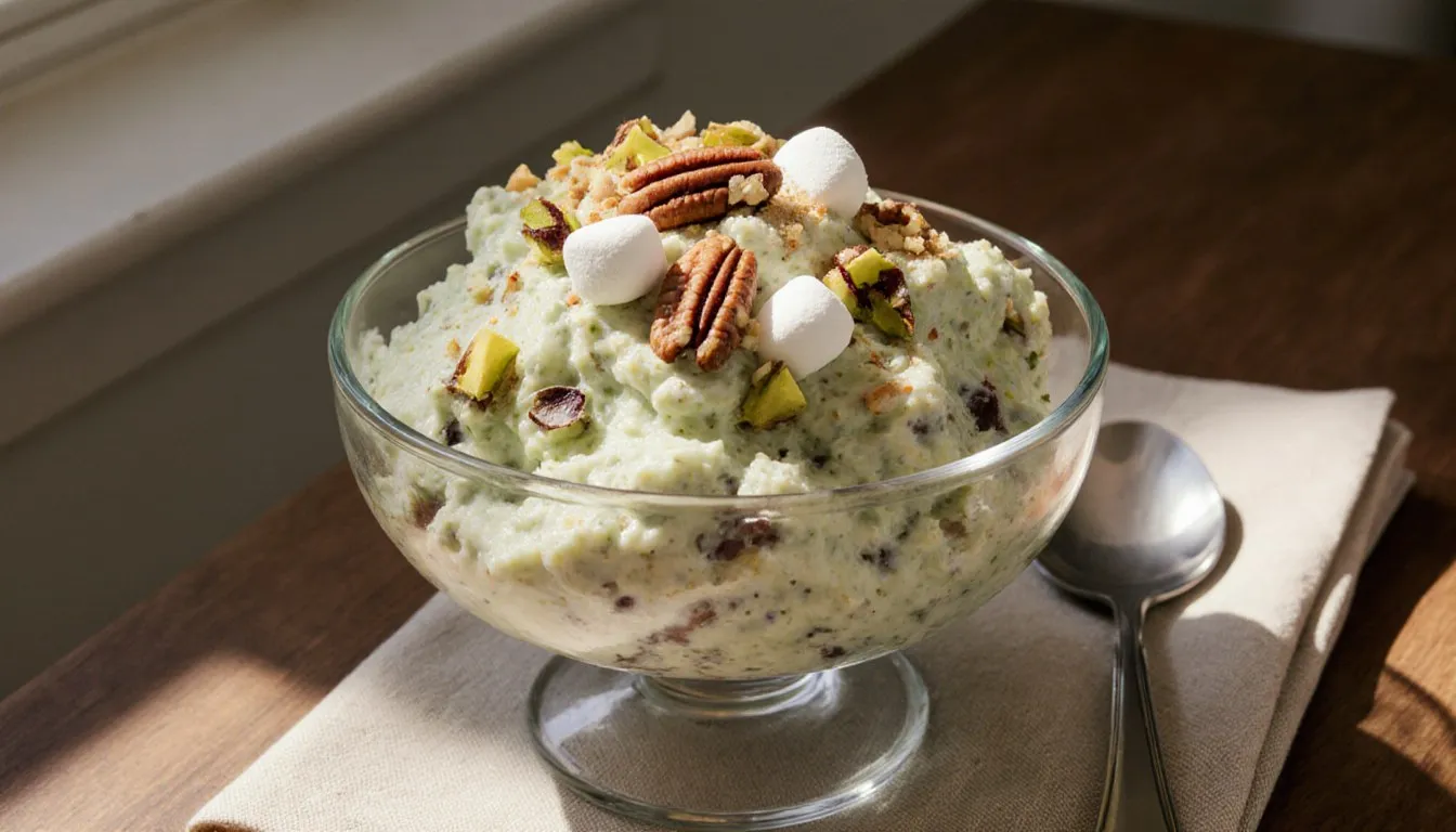 A bowl of Watergate salad, a fluffy pistachio dessert with marshmallows, pineapple, and pecans