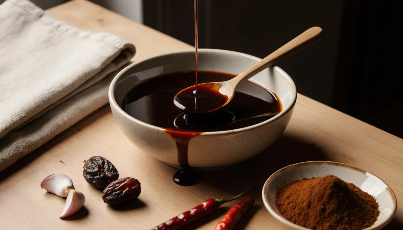 A bowl of dark homemade sauce surrounded by prunes, garlic, chili peppers, and five-spice powder, hoisin sauce substitutes