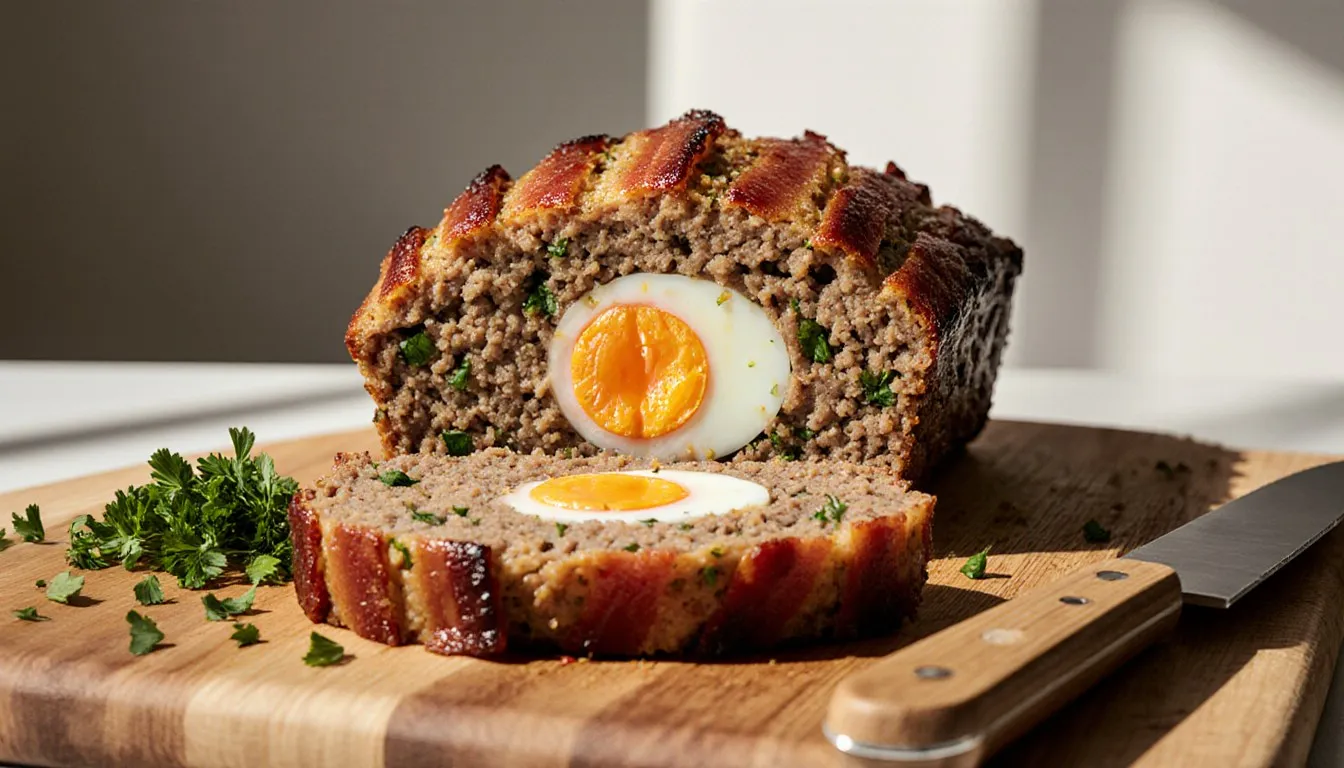 A sliced homemade meatloaf with bacon on top, revealing a hard-boiled egg baked into the center