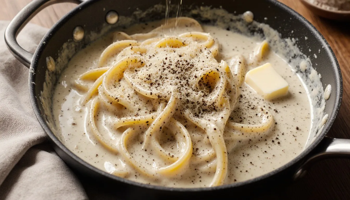 Fettuccine pasta coated in thick, creamy homemade Alfredo sauce topped with black pepper and Parmesan