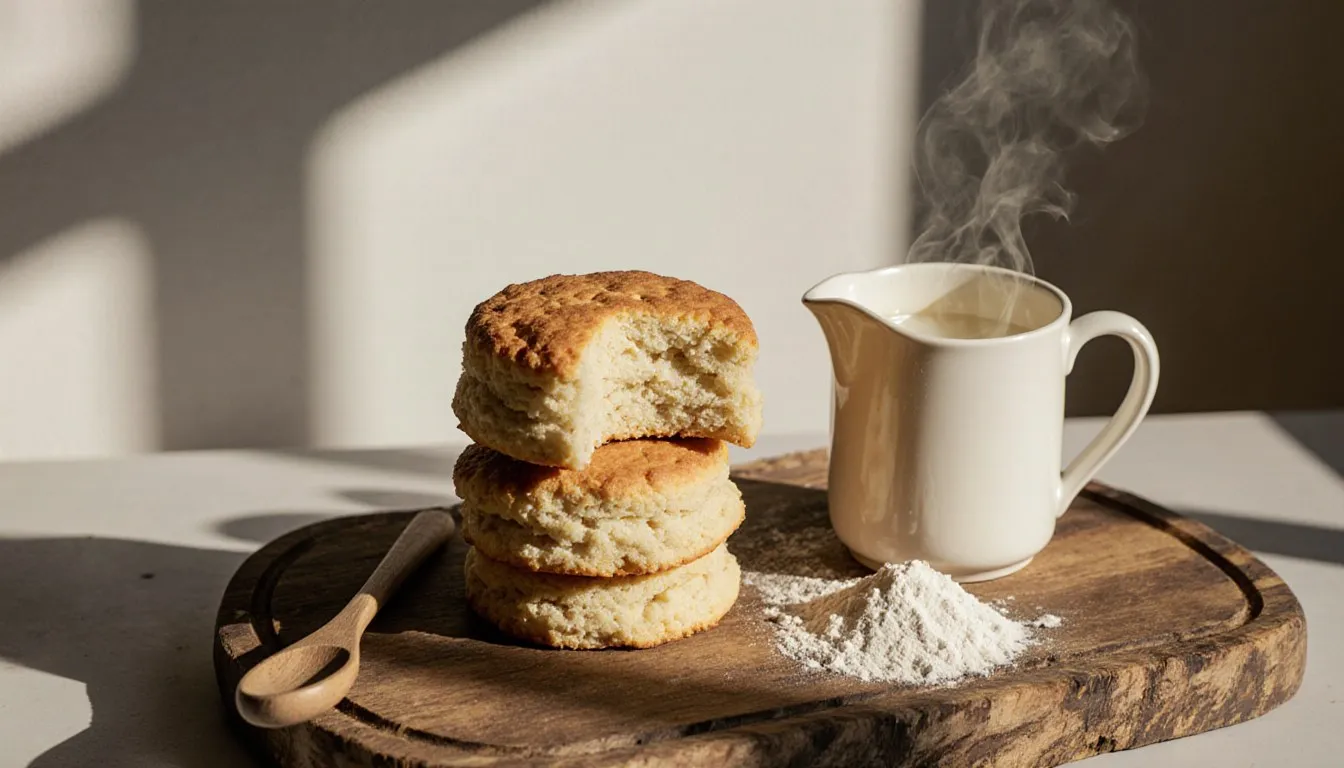 A stack of flaky homemade biscuits split open beside a pitcher of buttermilk and a mound of flour