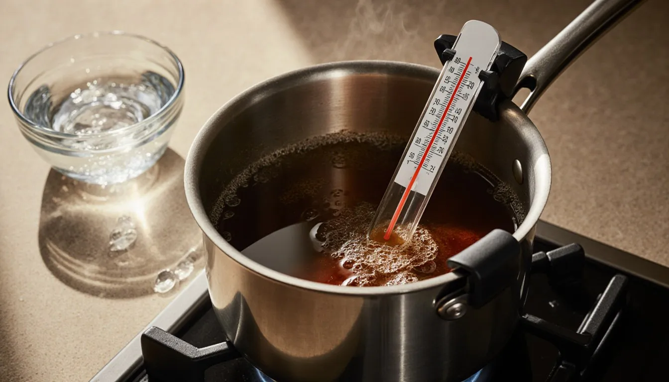 Amber sugar syrup bubbling in a stainless saucepan with a clip-on candy thermometer on the rim, a small glass bowl of cold water beside the stove