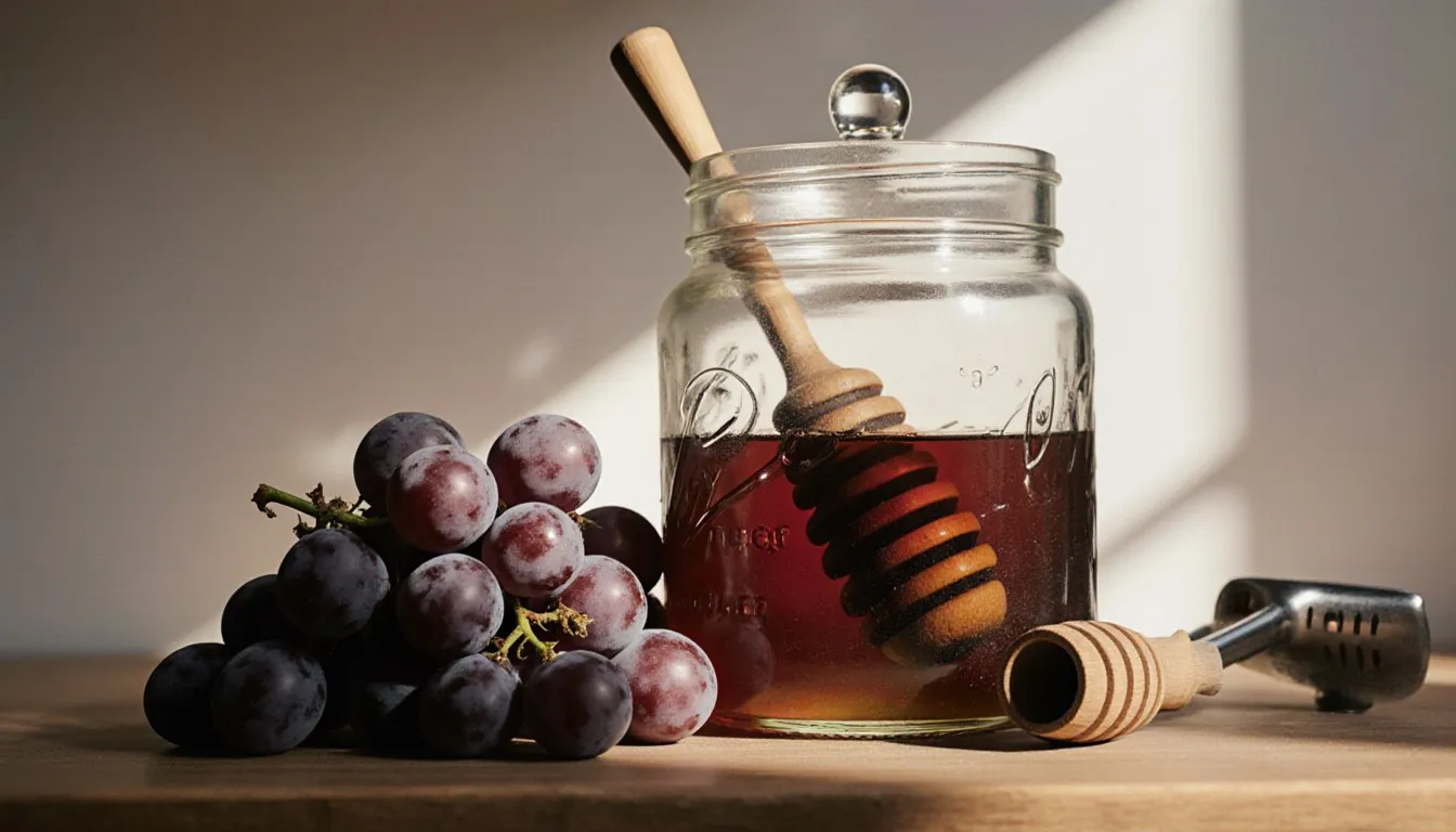 Muscadine grapes, honey, and a fermentation jar with an airlock for homemade wine