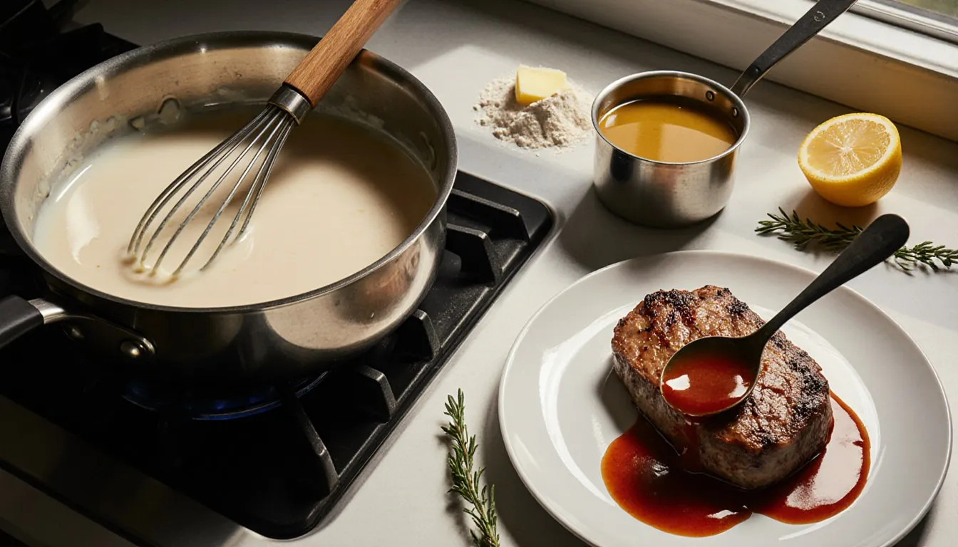 A silky cream sauce in a saucepan beside a plate being finished with glossy red pan sauce