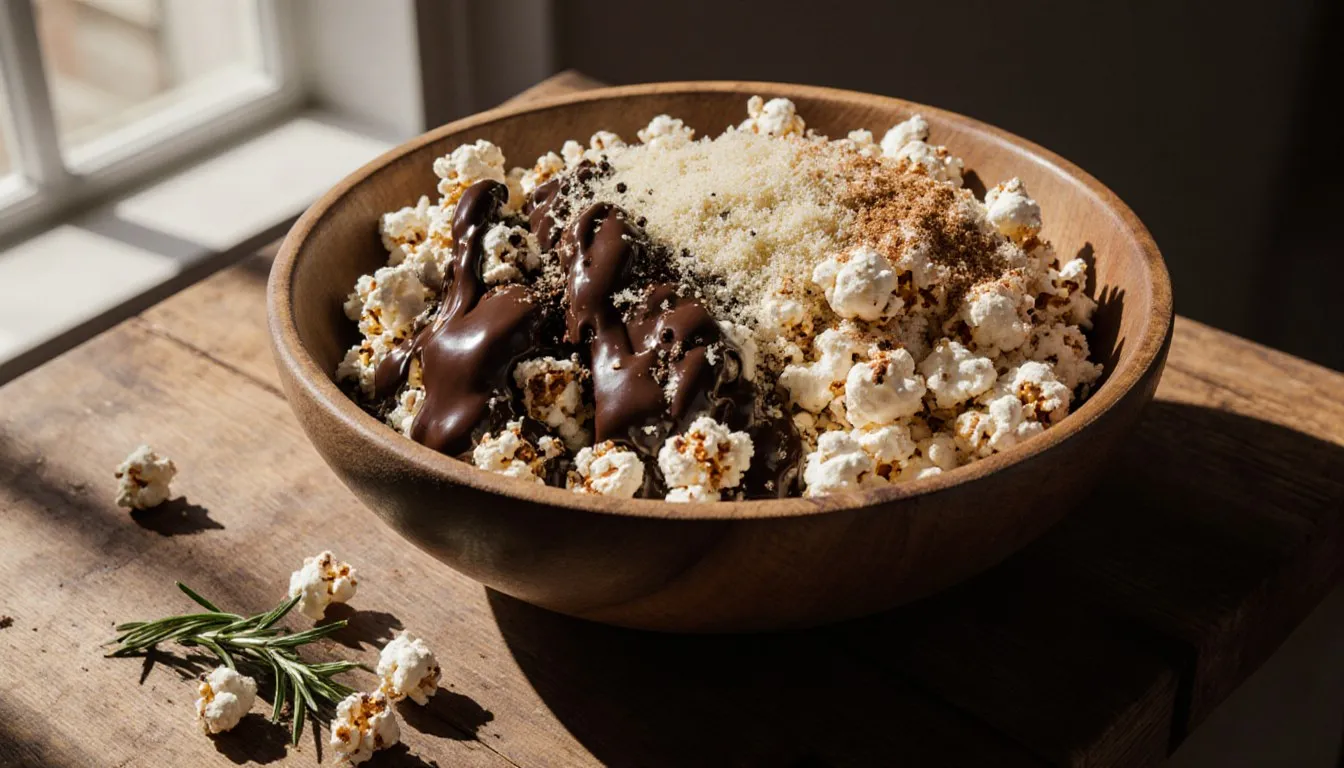 A bowl of popcorn topped with chocolate drizzle, parmesan and rosemary, and cinnamon sugar
