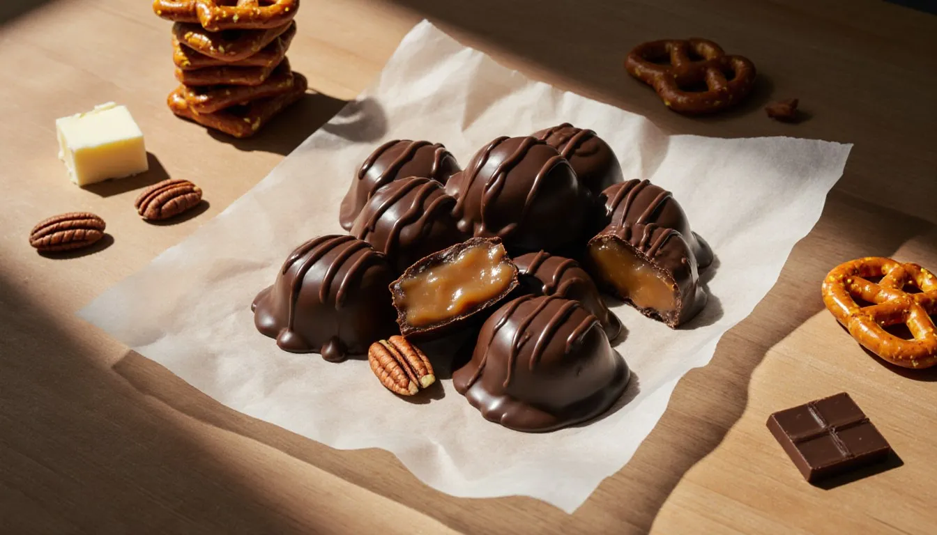 Homemade chocolate caramel pecan turtles and pretzel turtles arranged on wax paper