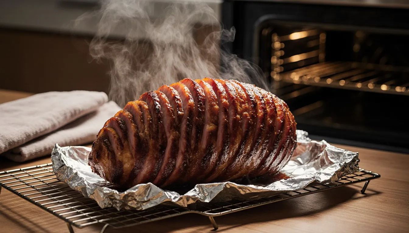 A glazed spiral-sliced honey baked ham resting on a rack after being reheated in the oven