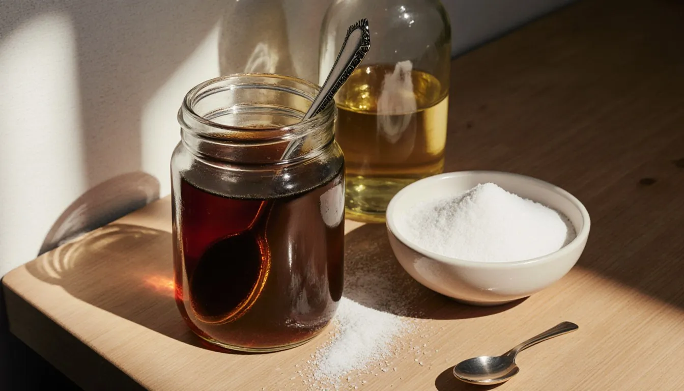 Maple syrup, agave syrup, and granulated sugar arranged together as honey substitutes on a kitchen counter