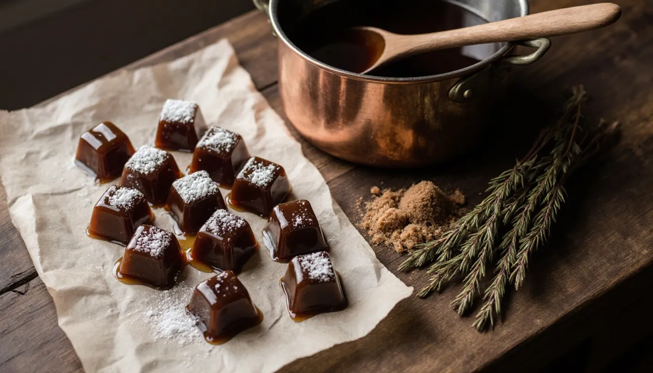 Amber horehound hard candies cooling beside dried horehound leaves and a pot of syrup