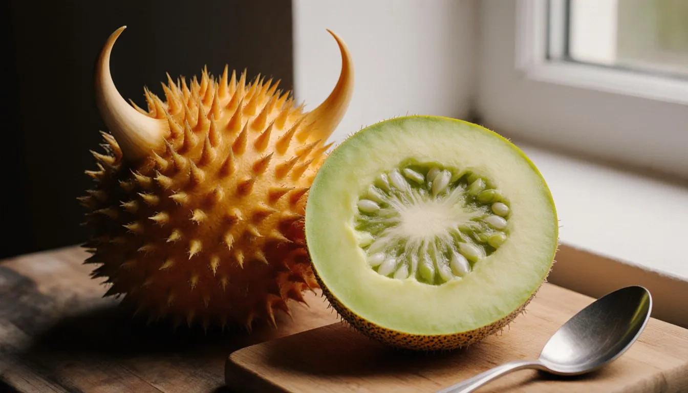 A whole spiky horned melon next to a halved one revealing its bright green jellied flesh and seeds