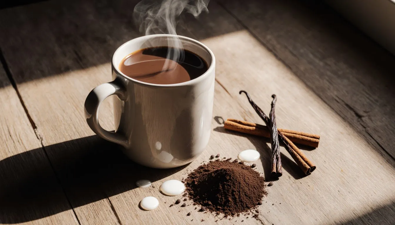 A mug of thick hot chocolate with grated chocolate, cinnamon sticks, and a split vanilla bean