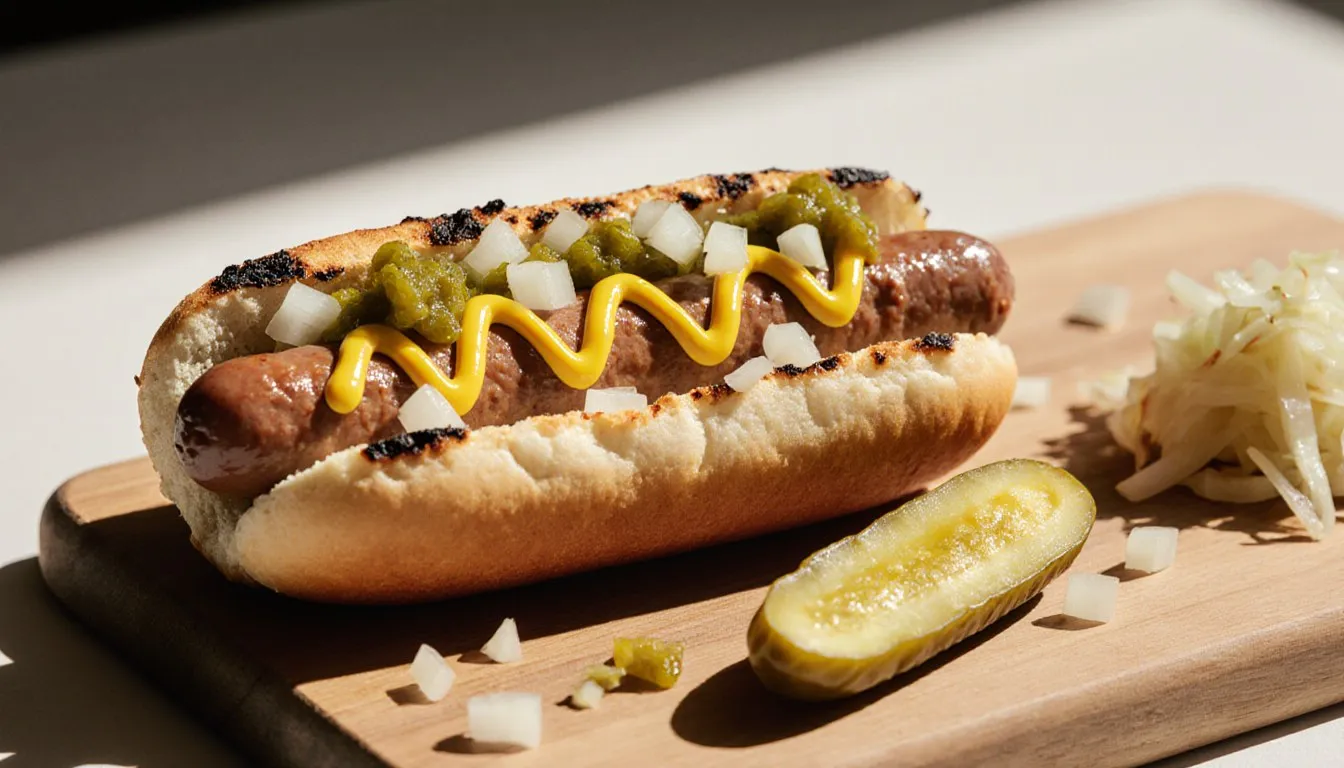 A grilled hot dog topped with mustard, onions, and relish on a wooden board with a pickle spear