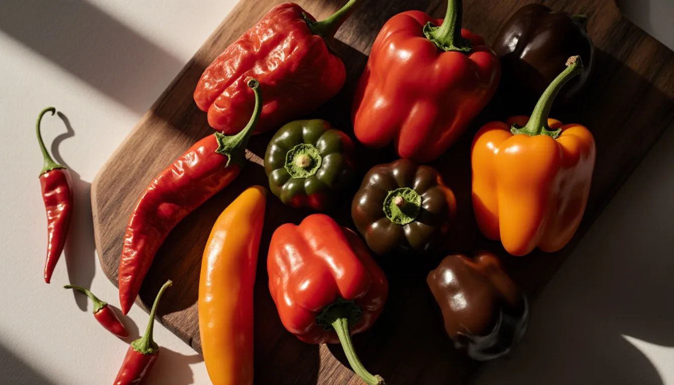 An assortment of colorful whole hot chili peppers arranged on a wooden cutting board