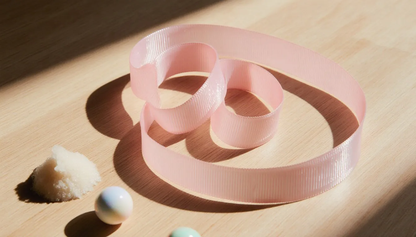 A stretched ribbon of pink bubble gum coiled beside raw gum base and pastel gumballs on a work surface