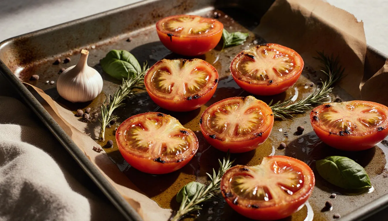 Halved tomatoes roasted with garlic cloves, thyme, and olive oil on a baking sheet