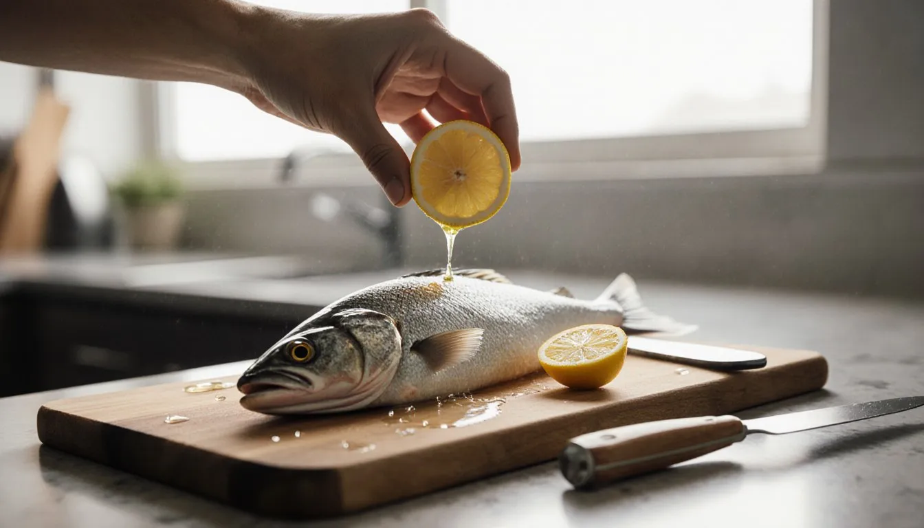 Fresh lemon juice being squeezed over a whole fish to remove its odor