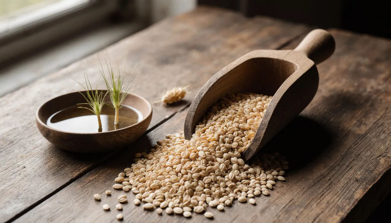 Pale malted barley grains in a wooden scoop beside damp sprouting kernels and a dish of steeping water