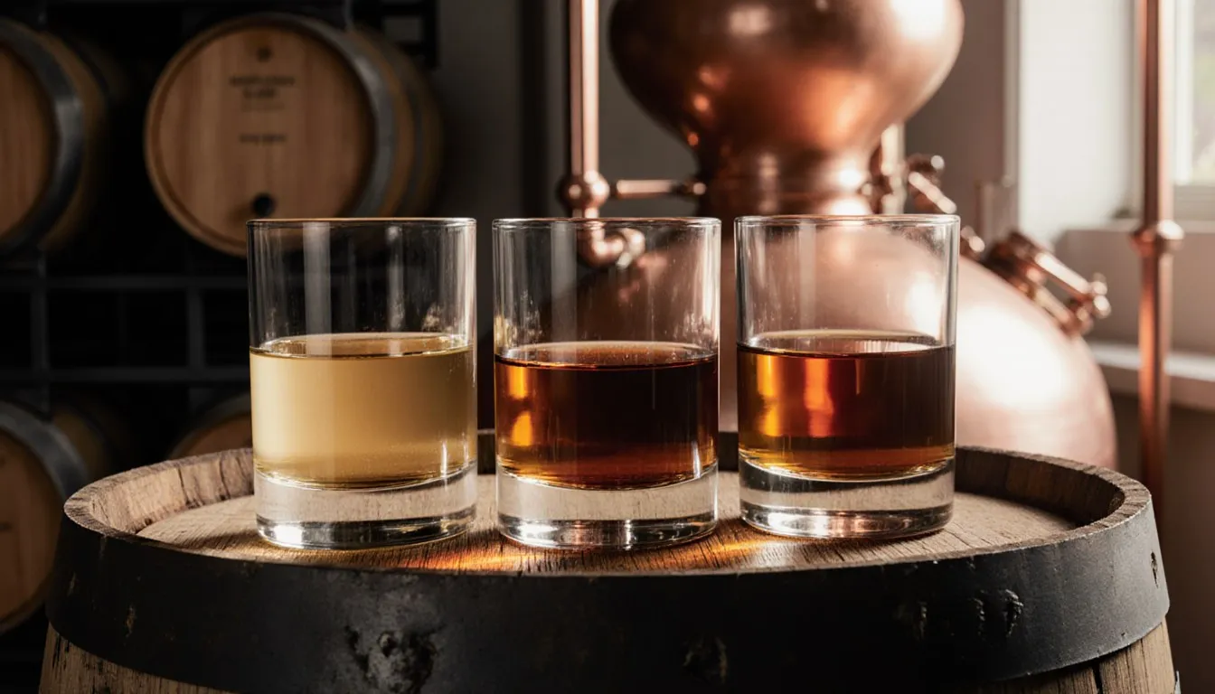 Three glasses of cognac in varying amber shades on an oak barrel, with a copper still in the background