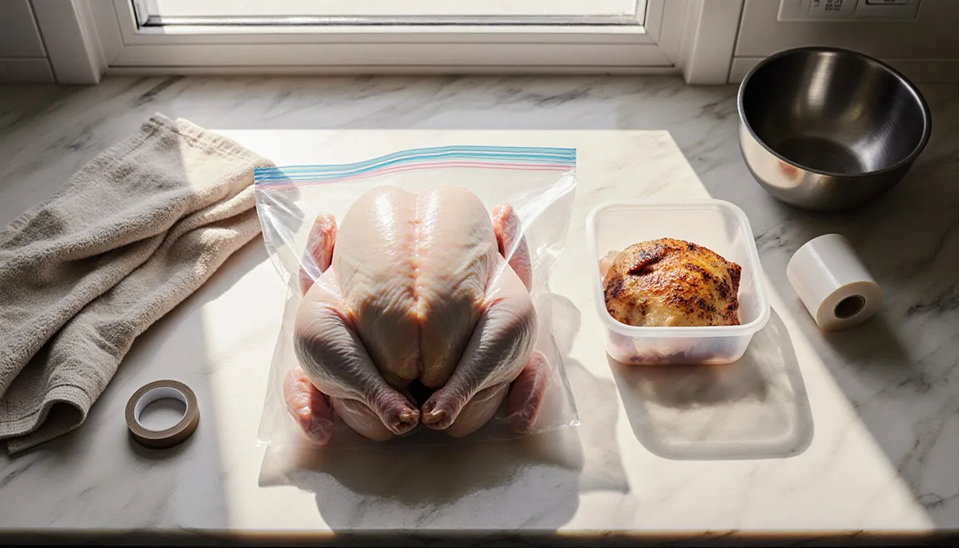 Raw chicken being sealed in a freezer bag next to a container of cooked chicken on a kitchen counter