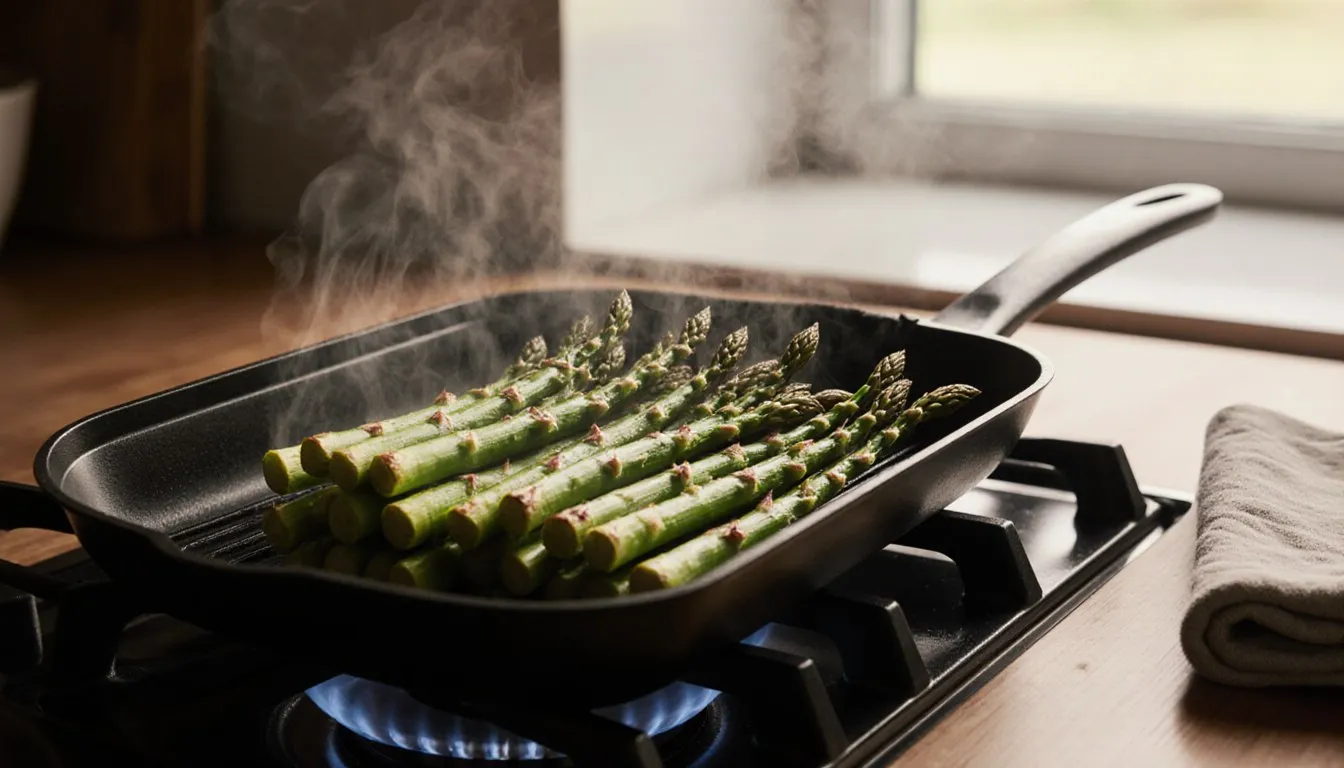 Fresh asparagus spears cooking in a grill pan with light char marks and rising steam