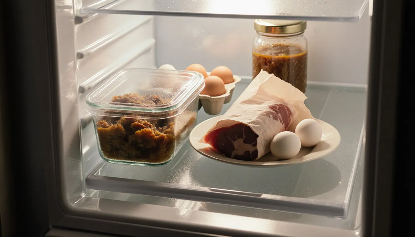 Leftovers, eggs, and wrapped raw meat arranged on a refrigerator shelf