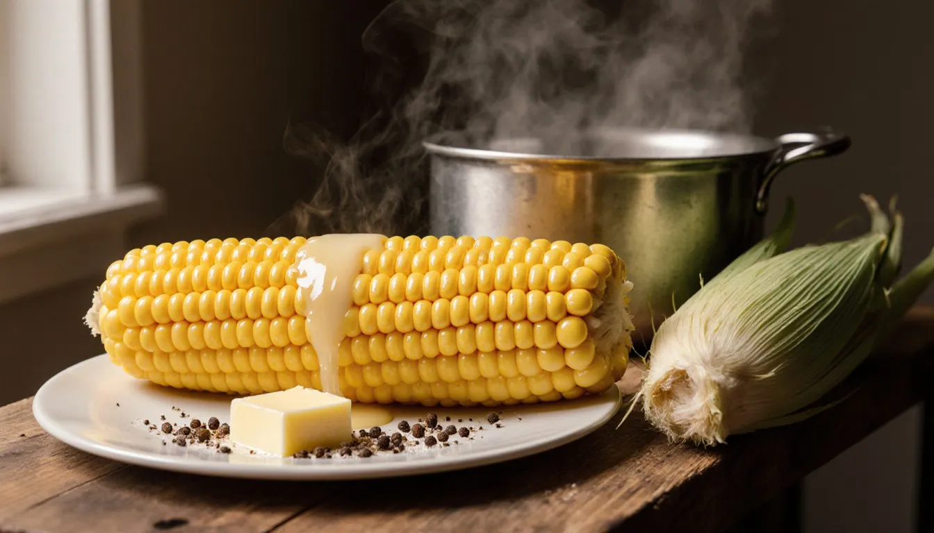 Freshly boiled corn on the cob glistening with melted butter and cracked pepper on a plate