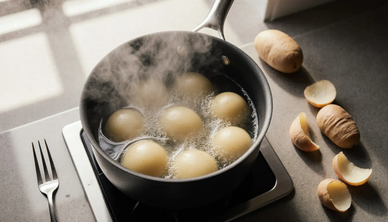 Whole peeled potatoes boiling in a pot of bubbling water on the stovetop, steam rising, with a fork resting nearby