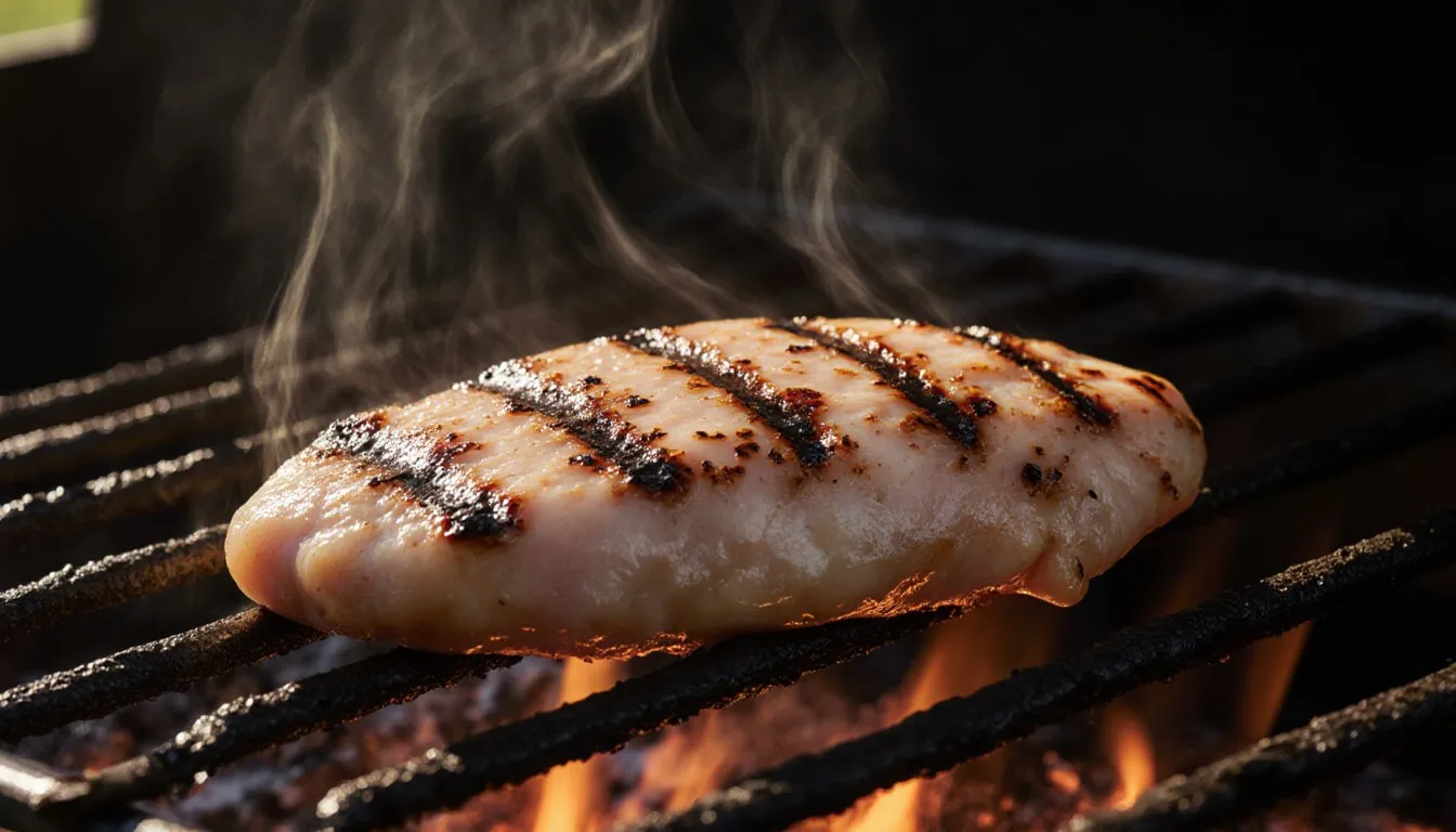 A chicken breast fillet with char grill marks cooking on a hot grate over glowing coals