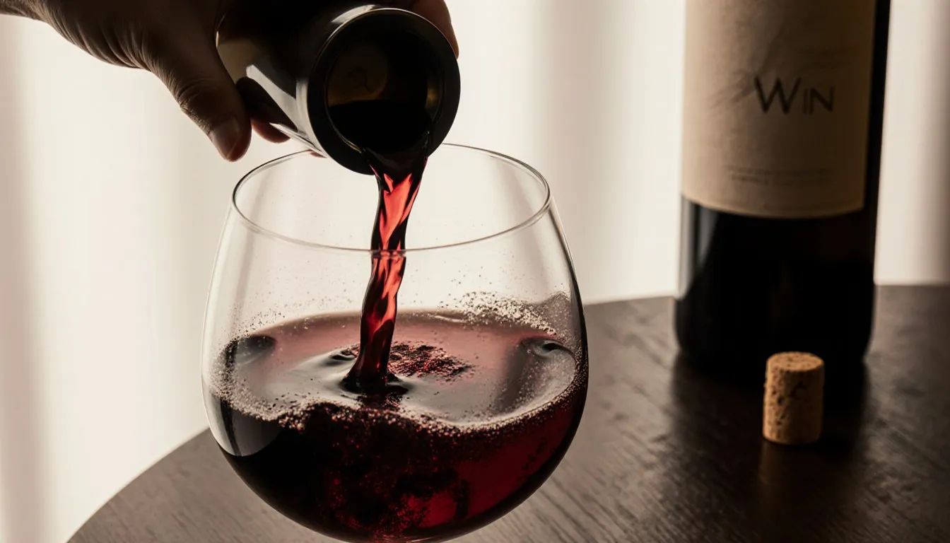 Red wine pouring through an aerator into a glass, swirling as it aerates