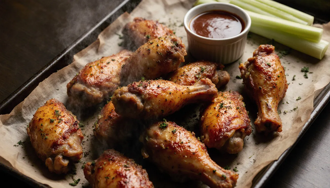 Golden, crispy-skinned baked chicken wings on a baking sheet with dipping sauce and celery sticks