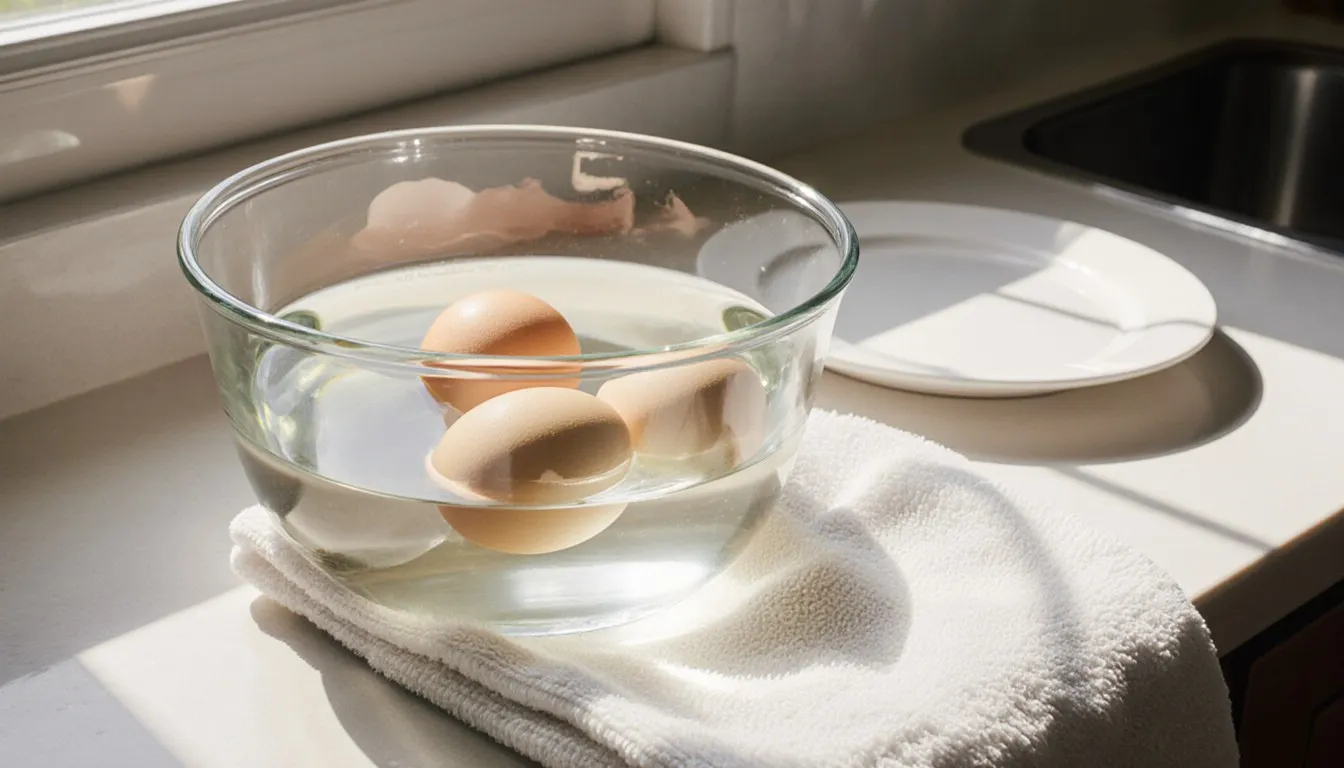 Whole eggs submerged in a glass bowl of water with a plate nearby to cover it before microwaving