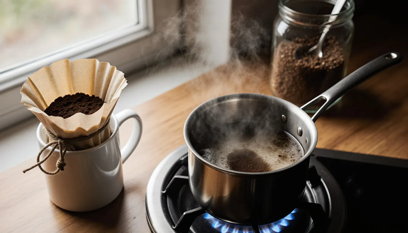 Coffee grounds simmering in a saucepan on the stove beside a paper coffee bag and jar of instant coffee