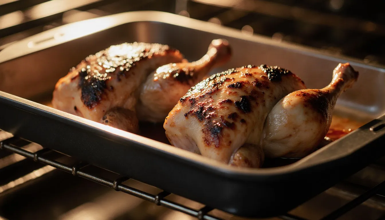 Chicken breast and chicken leg with browned, charred skin fresh off the broiler pan