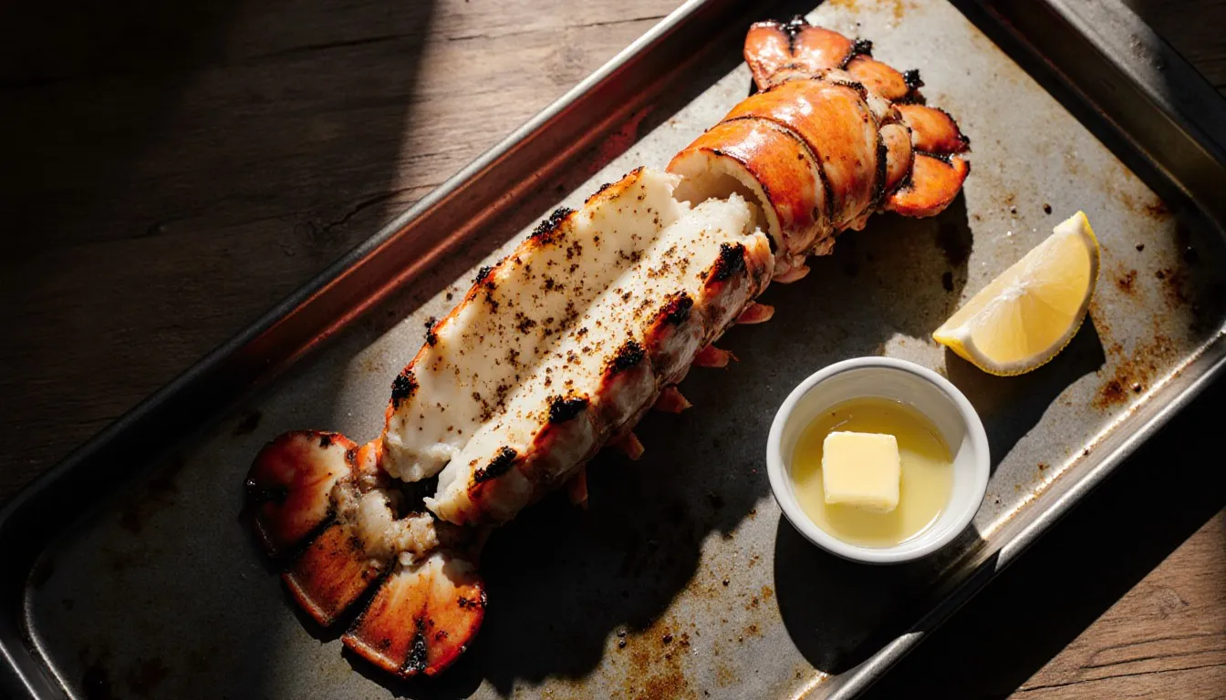 A golden broiled lobster tail with split shell and buttery meat on a broiler pan, served with lemon.