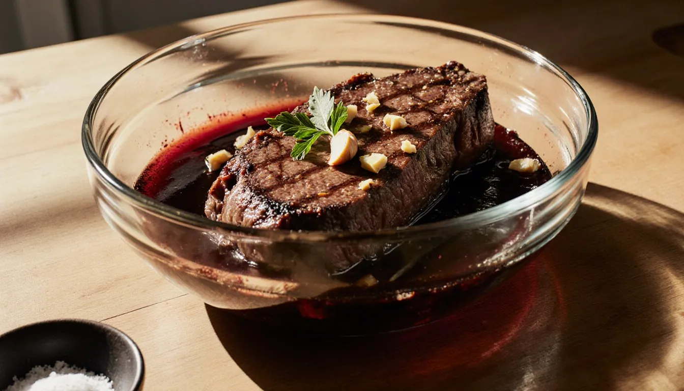 Raw London broil steak marinating in a garlic-ginger red wine sauce with bay leaf in a glass bowl