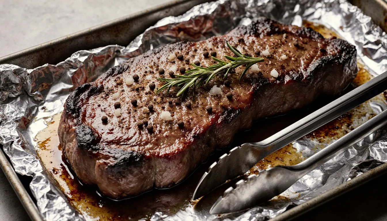 A seared rib-eye steak with herbs and cracked pepper resting on a foil-lined broiler pan with tongs beside it