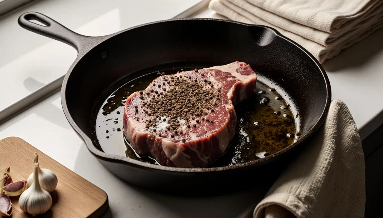 A seasoned raw steak in a cast iron skillet with minced garlic and oven mitts nearby, ready for broiling