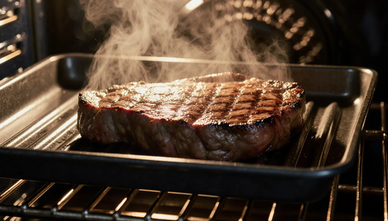 A thick steak with a deep char sizzles on a broiler pan inside a glowing oven