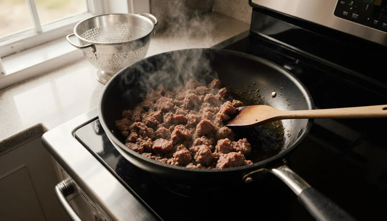 Ground beef browning and being stirred in a skillet on the stove