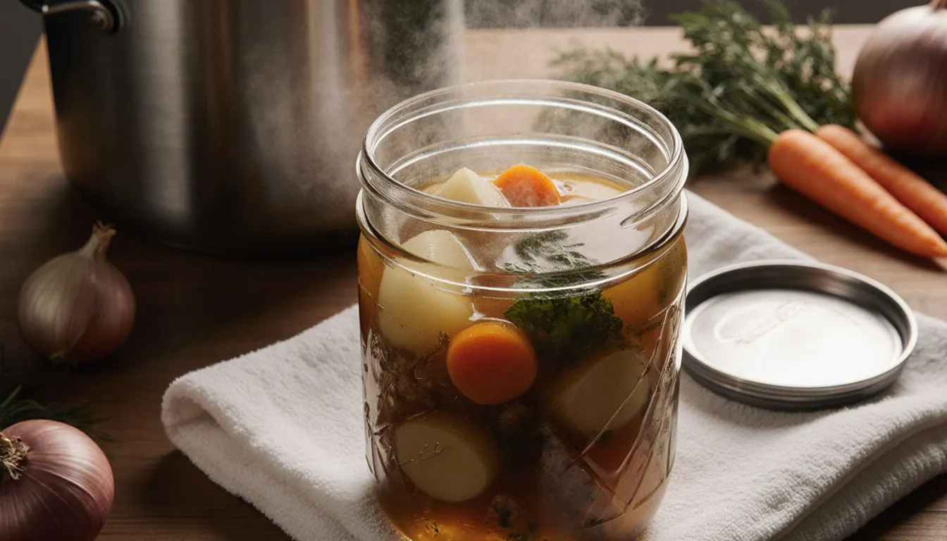 A glass jar of home-canned vegetable soup beside a stovetop pressure canner on a kitchen counter